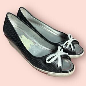 Y2K Wedge Heel Open Toe Sandals Black Leather Women’s 6.5 White Bow Alfani Reba